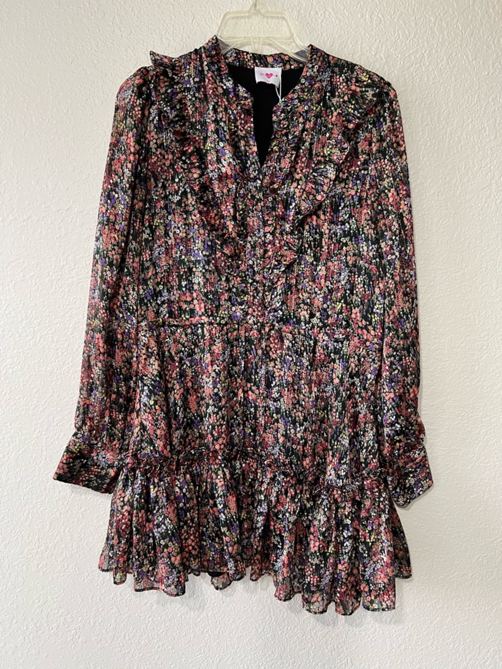 Buddy Love Celia Floral Sm Mini Dress Sheer Long Sleeve Tie Waist Ruffles NWOT